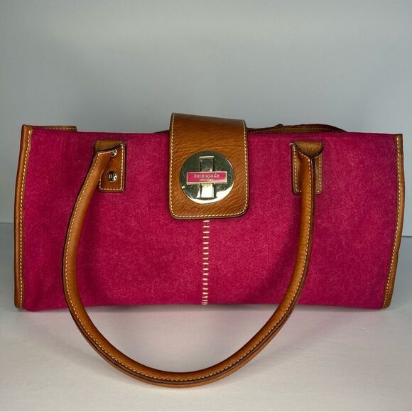 Kate Spade New York Shoulder Bag Pink Wool Brown Leather Trim Zip Top - Picture 1 of 12